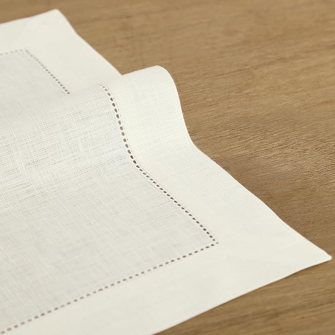 Solino Home Square Placemats Set of 4-100% Pure Linen Ivory Cloth Placemats 14 x 14 Inch - Classic Hemstitch, Machine Washable Place Mats for Fall, Autumn, Holiday, Christmas, New Year