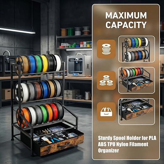 3D Printer Filament Storage Rack with Fabric Drawer,Dust Proof & Sturdy Metal 3D Printing Accessory for Organized Workspace Sturdy Spool Holder for PLA ABS TPU Nylon Filament Organizer