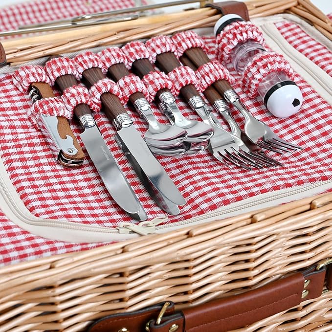 Multifunctional Wicker Picnic Basket Set for 4 with Blanket and Picnic Table, Insulated Picnic Set with Full Tablewares for Camping Outdoor Couples, Gingham