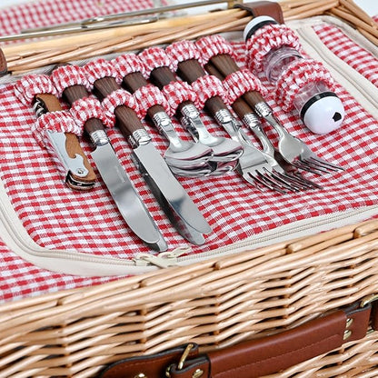 Multifunctional Wicker Picnic Basket Set for 4 with Blanket and Picnic Table, Insulated Picnic Set with Full Tablewares for Camping Outdoor Couples, Gingham