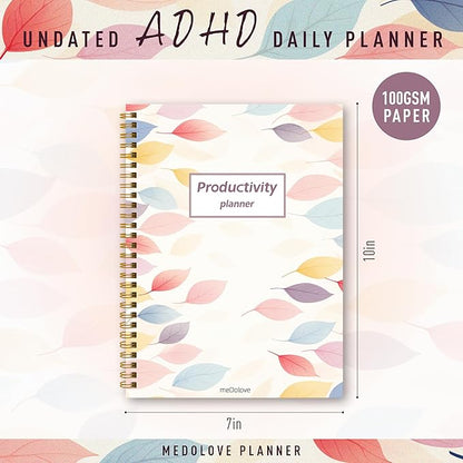 ADHD Planner for Women，Daily Productivity Planner with Task Management Organizer for Neurodivergent Adult,Teens , Self-Cares, Daily Schedule,To-Do List,Brain Dump,ADHD Journal with Cardboard Cover to Stay Organized and Focused (Colorful Leaves)
