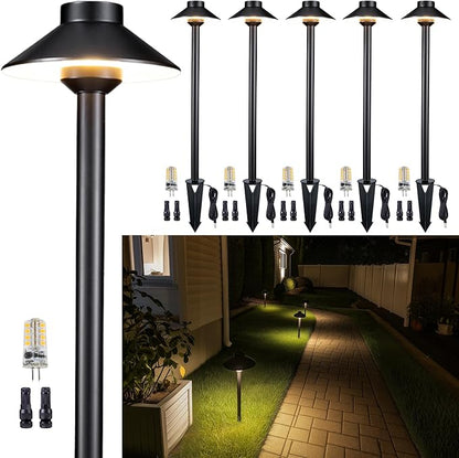 Gardenreet Brass Hardwired Landscape Path Light, 12V Low Voltage Pathway Lights IP65 Waterproof, Outdoor Walkway Lighting Wired, Hat-top Black for Patio Lawn with 4000K Neutral White G4 Bulb (6 Pack)