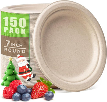 Gezond 100% Compostable Paper Plates 7 Inch, 150pcs Disposable Heavy-Duty Plates Unbleached Biodegradable Plate Made of Sugarcane Fiber