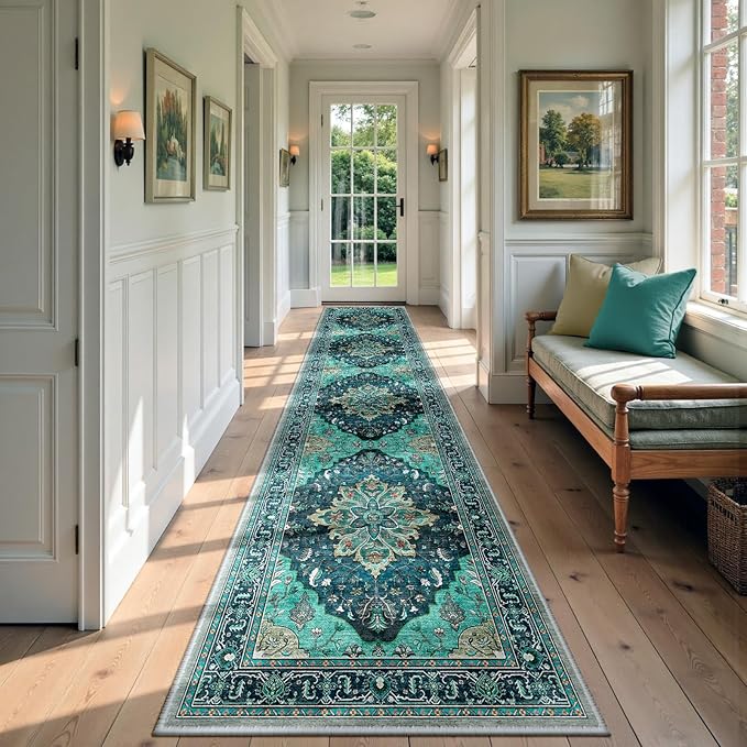 Area Rugs 3'x12' Runner Rug Non Slip Washable for Kitchen Hallway Bedroom Beside Laundry Room Bathroom Rug, Floor Carpet, Teal Green Lake Blue Turquoise