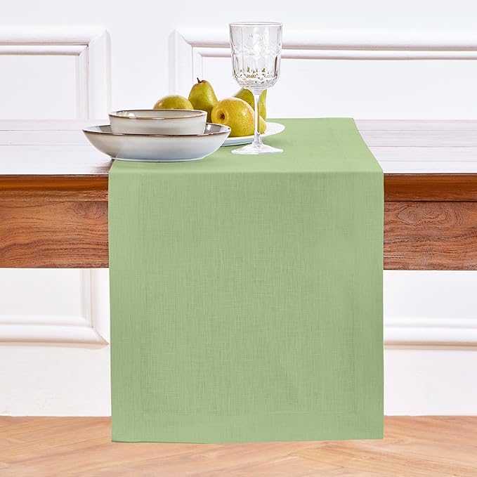 Solino Home Linen Table Runner 120 Inches Long - 100% Pure Linen Laurel Green Dining Table Runner 14 x 120 Inch for Fall, Autumn - Fete