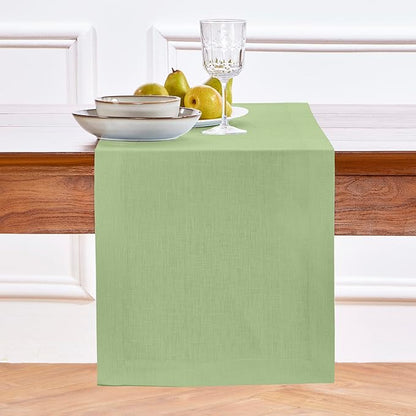Solino Home Linen Table Runner 48 Inches - 100% Pure Linen Laurel Green Table Runner 14 x 48 Inch Ideal for Dresser and Coffee Tables - Fall, Autumn - Fete