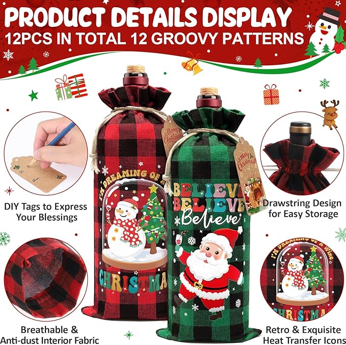 12PCS Burlap Wine Bag Christmas Wine Gift Bags, Drawstring Retro Christmas Bottle Cover Gift Bag w/ Tag, Buffalo Plaid Wines Bags for Bottles Gifts Reusable Bottle Covers for Xmas Holiday Party Decor