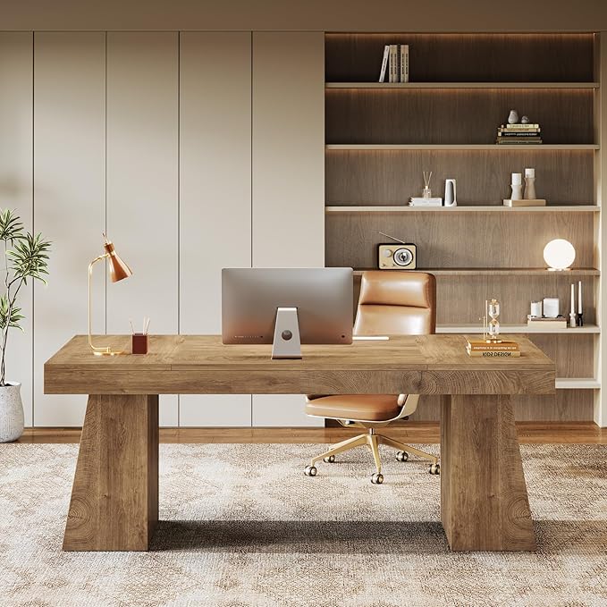 Tribesigns 55-Inch Executive Desk, Thick Wood Office Computer Desk with Double Pedestal, Modern Minimalist Workstations Writing Table Conference Table Furniture for Home Office, Light Brown