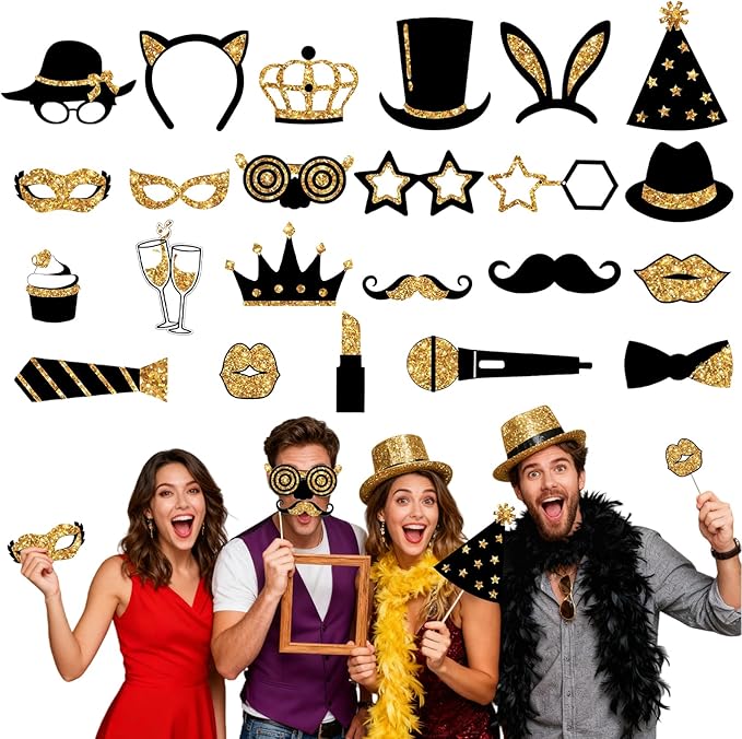 24PCS Gold and Black Photo Booth Props Set, Funny Photobooth Props Kit for Birthday Wedding Graduation New Year Party Celebration Decoration Supplies
