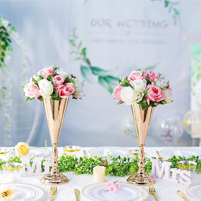 Gold Vase Centerpiece Table Decorations - 2 Pcs Metal Tabletop Flower Stand, Wedding Decorations for Reception, 14in Trumpet Tall Flower Vase for Birthday, Weddings, Anniversary Ceremony, Home Decor