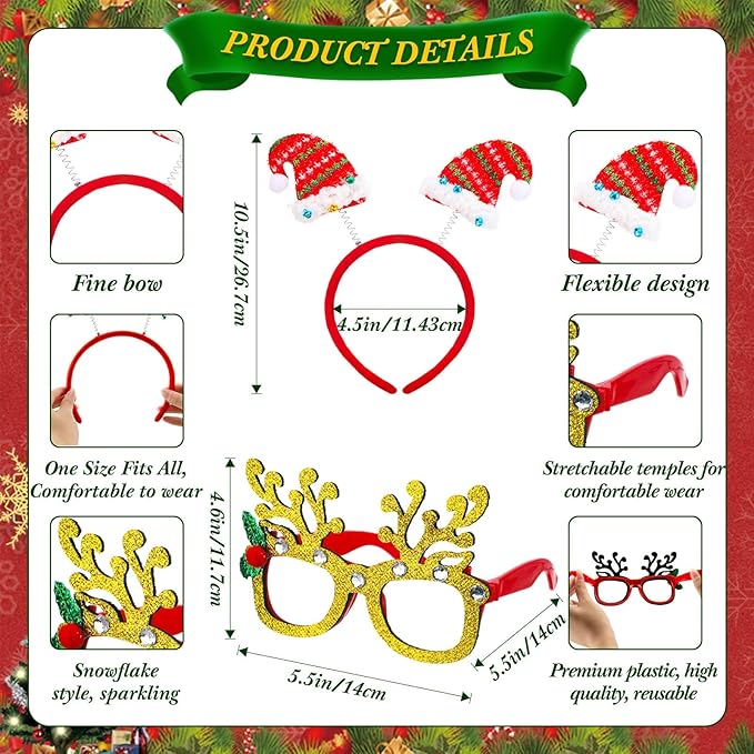 Hotop 72 Pcs Christmas Headbands and Glasses Frames, Cute Sparkling Christmas Party Favors for Xmas Tree Santa Hat Costume Accessories for Holiday Party Decorations New Year's Gifts