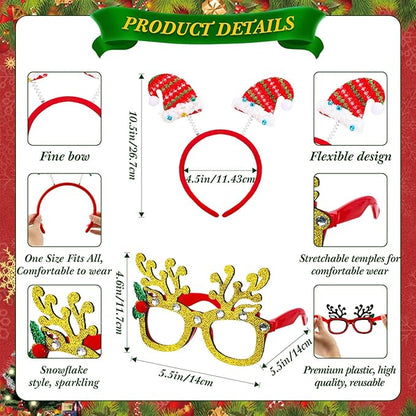 Hotop 72 Pcs Christmas Headbands and Glasses Frames, Cute Sparkling Christmas Party Favors for Xmas Tree Santa Hat Costume Accessories for Holiday Party Decorations New Year's Gifts