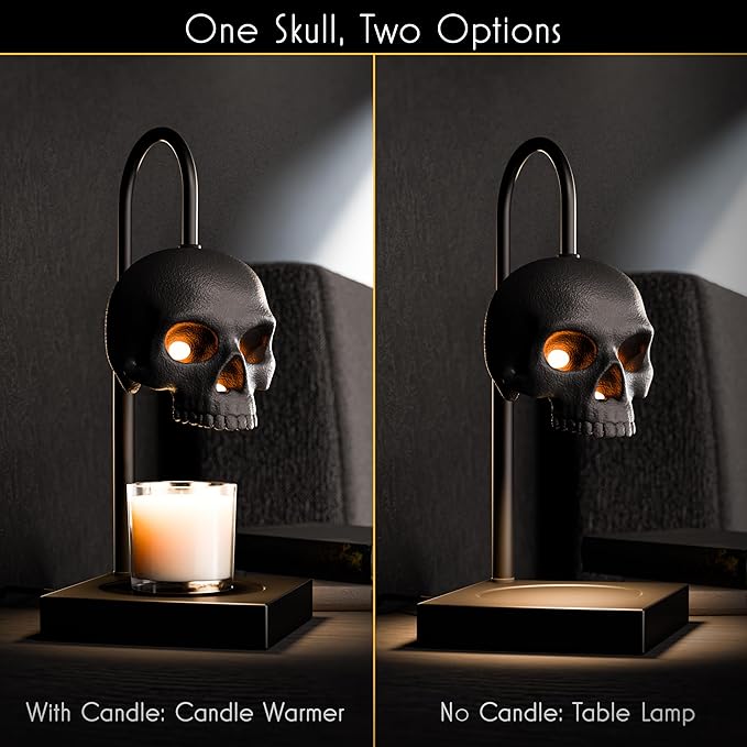 New - Skull Candle Warmer Lamp with Timer and Dimmer *Candles NOT Included – Gothic Candle Lamp Warmer w/Adjustable Height, 2 Light Bulbs – Skull Decor, Halloween Lamps for Spooky Home & Witchy Gifts