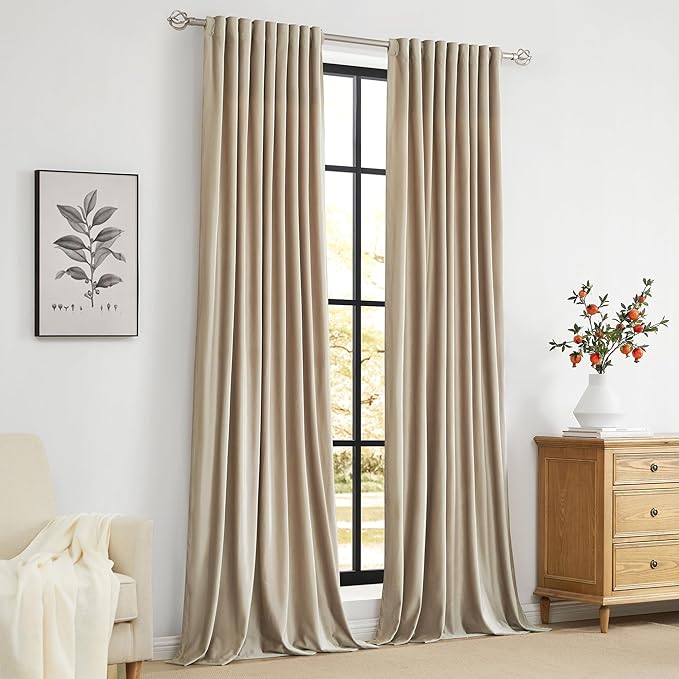 PRIMROSE Champagne Velvet Curtains 102 inch Long for Living Room,Set of 2 Panels Blackout Rod Pocket Back Tab Window Treatment Room Darkening Heavy Decorative Curtains Drapes for Bedroom