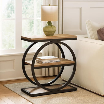 LITTLE TREE End Table Set 2, Side Table with 3-Tier Storage Shelves, Small Sofa Side Table for Living Room, Wooden Side End Table with Double Round Metal Legs, Slim Nightstand and Bedside Table, Oak