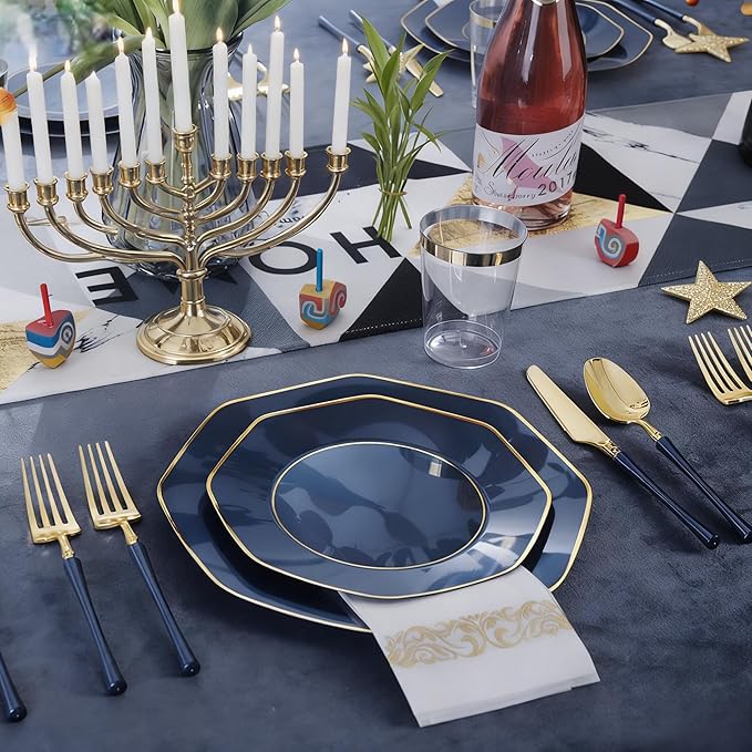 KIRE 140Pcs Blue Plastic Plates with Gold Rim - Gold Disposable Plastic Silverware with Blue Handle&Clear Cups&Hand Napkin - Geometric Party Plates for Hanukkah/Holiday/Party