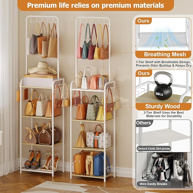 Tall Purse Organizer Stand with 3-Tier Thick Wood + 1-Tier High-Density Mesh, Adjustable Interchangeable, Slim Narrow Freestanding Handbag Rack with 5 Large & 6 Side Hooks, Closet Bag Storage White
