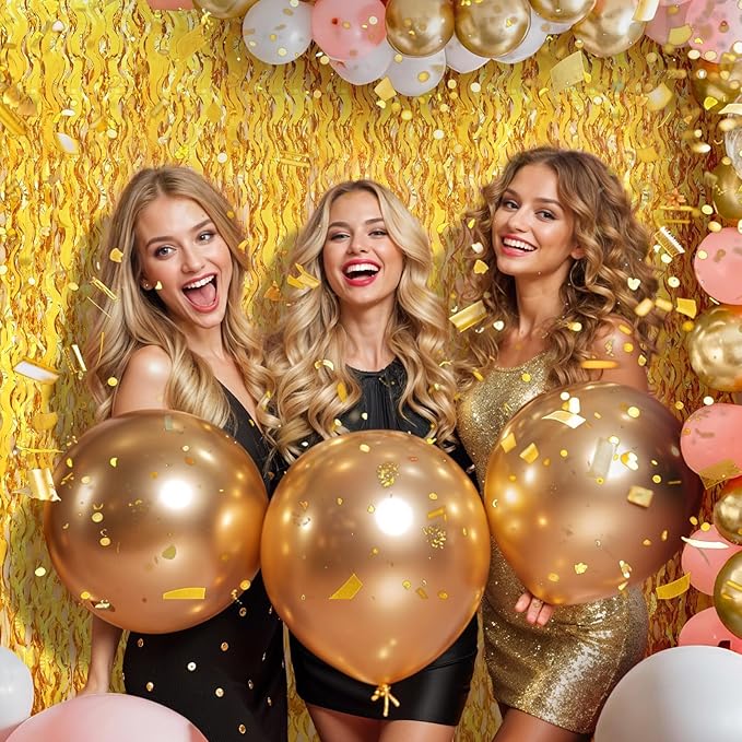 2 Pack 3.2x6.5 Feet Wavy Gold Foil Fringe Backdrop Curtains Tinsel Streamers Dance Party Decorations Photo Booth Props for Bachelorette Bridal Shower Birthday Wedding Christmas New Years Eve