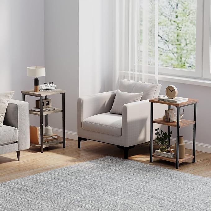 OLIXIS 3 Tier End Table for Small Space, Side Sofa Tables Storage Shelf, Nightstand with Adjustable Feet for Living Room, Bedroom, Office, Set of 1, Oak Grey