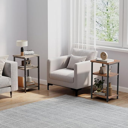 OLIXIS 3 Tier End Table for Small Space, Side Sofa Tables Storage Shelf, Nightstand with Adjustable Feet for Living Room, Bedroom, Office, Set of 1, Rustic Brown