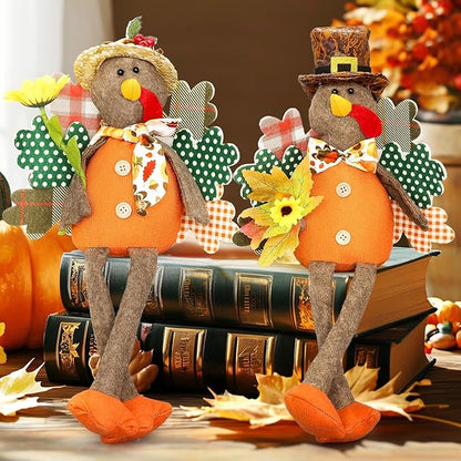 Turkey Decorations Indoor- Thanksgiving Decorations for Home, Office - Stuffed Turkey Animal Plush Doll Figurines - Pilgrim Decor for Autumn, Harvest Tabletop Centerpieces Ornaments Shelf Sitters