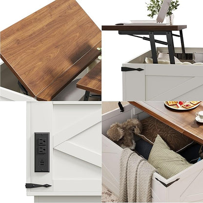 Farmhouse Lift Top Coffee Table, Square Wood Center Table with LED Lighting, USB-C Charging Station, and Hidden Storage Compartment - Rustic White & Oak Living Room Furniture