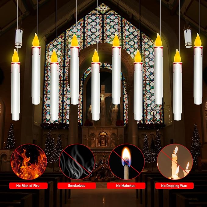 GOOTHY 10 PK Halloween Floating Candles, Hanging Floating Candles with Remote and Flickering Warm Lights, Battery Operated LED Flameless Window Candle Lights for Halloween Party Birthday Home Decor