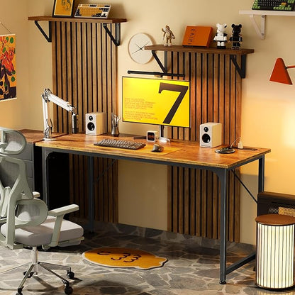 PRAISUN 55 X 20 Inch Office Computer Desk with Power Outlets and USB-C Port, Larger and Longer Gaming Desk, for Home Office, Study, Bedroom, Writing Work from Home Table, Metal Frame, Rustic Brown