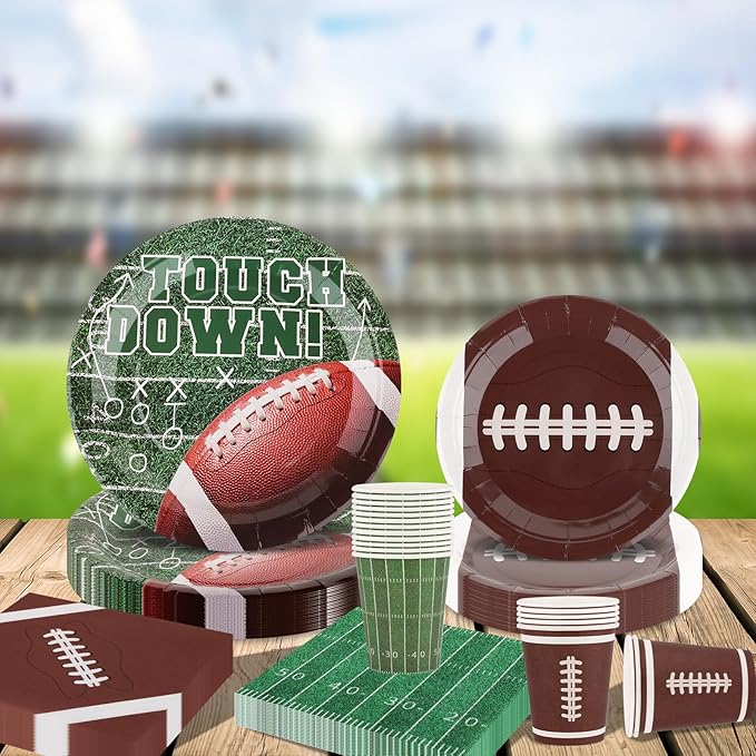 Football Party Supplies Set for 24-Disposable Paper Plates and Napkins, Cups, Touchdown Football Tableware Party Decorations for Birthday Themed Game Day Tailgate Table Decor