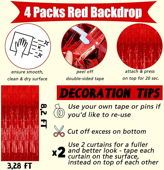 4 Pack Red Fringe Curtain Backdrop, 3.2Ft x 8.2Ft Metallic Tinsel Foil Fringe Streamers Background for Photo Booth Birthday Wedding Baby Shower Carnival Easter Mother’s Day Party Decorations