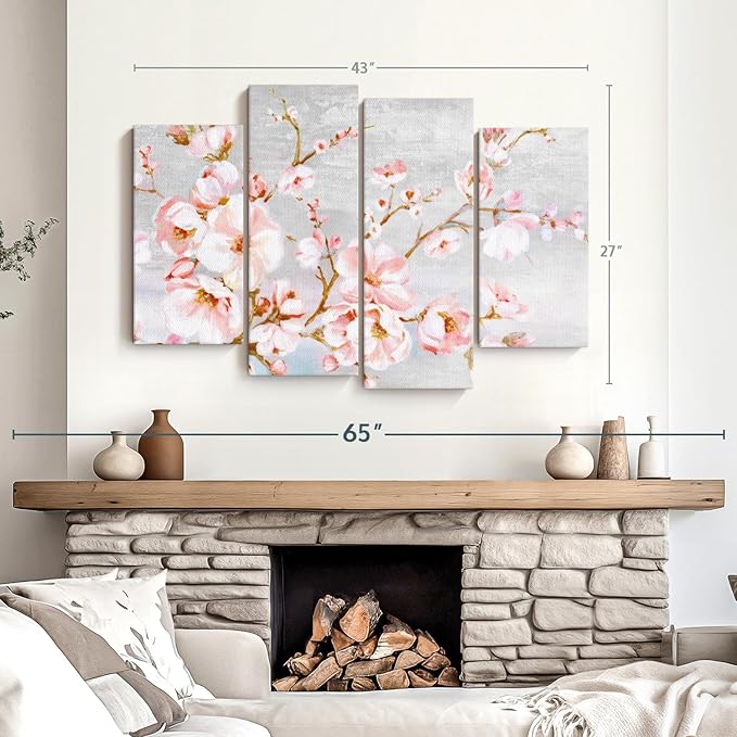 Elephant Stock Spring Cherry Blossoms Wall Art - Horizontal Canvas - 4-Piece Living Room Wall Decor - Painting Floral and Botanical Canvas Print - Pink and Brown Decor for Wall by Eva Watts - 43" X 27"