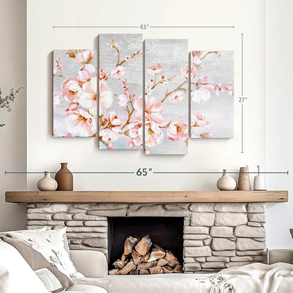 Elephant Stock Spring Cherry Blossoms Wall Art - Horizontal Canvas - 4-Piece Living Room Wall Decor - Painting Floral and Botanical Canvas Print - Pink and Brown Decor for Wall by Eva Watts - 43" X 27"