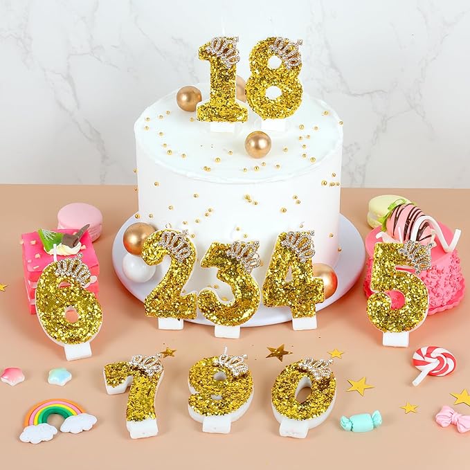 Gold Birthday Candle Crown Number 7 Candle with Sequins Cake Candles Cupcake Decorations Party Decor for Anniversary Celebrations Supplies