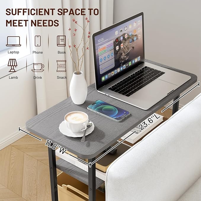 SLEEPING LAMB Side Table for Living Room, 3-Tier End Table for Small Space with Wide Storage Tabletop, Narrow Nightstand for Bedroom, Sofa Couch, Grey