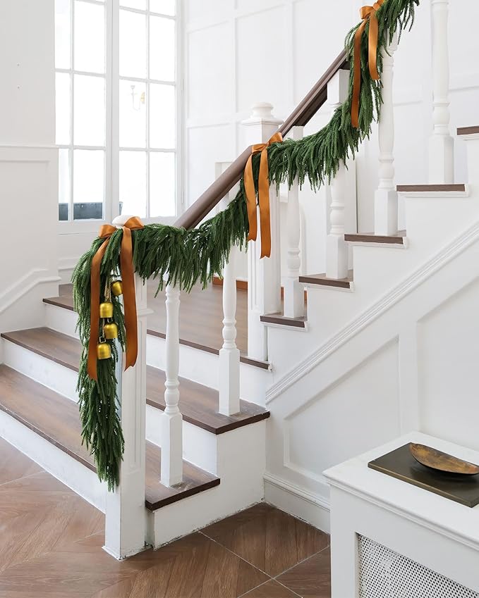 9ft Christmas Garland with Lights, Norfolk Pine Garland, Realistic Green Garlands for Mantle, Stair Railing, Battery Operated Indoor/Outdoor New Year Holiday Decoration with Timer