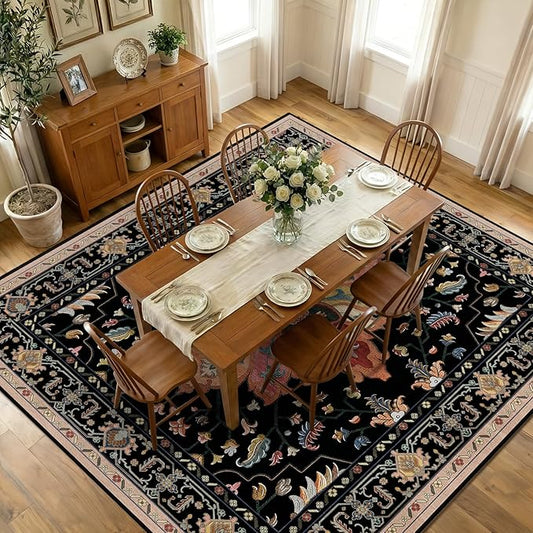 Area Rugs Square 10ft Washable Non-Slip, Floral Vintage Distress Print Pattern Medallion Carpet for Living Room Bedroom Dining Room, Black Colorful Floral Dark Tan