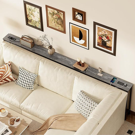 SUPERJARE 110.2 Inch Sofa Table with Power Outlets and USB-C Ports, 5.9 Inch Narrow Console Tables, Entryway Hallway Couch Tables with Storage, Behind Sofa, Small Spaces, Living Room, Charcoal Gray