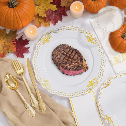 Ciaell 175 PCS White and Gold Plastic Plates - Fancy Gold Disposable Dinnerware Set with of 50 Plastic Plates, 25 Knives, 25 Forks, 25 Spoons, 25 Cups, 25 Napkins for Wedding, Party &Thanksgiving