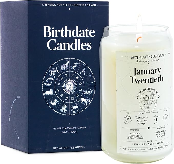 Birthdate Candles, January 20 - Aquarius Zodiac Scented Candles Birthday Gift - Lavender, Sage & Neroli Scent - All-Natural Soy & Coconut Wax, 60-80 Hour Burn Time - Made in USA