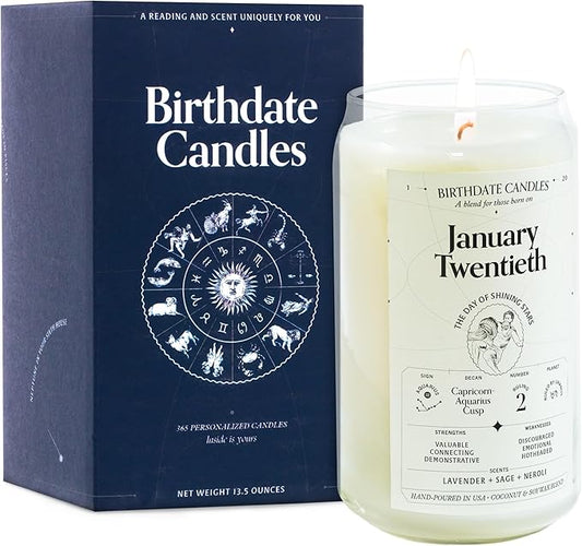 Birthdate Candles, January 20 - Aquarius Zodiac Scented Candles Birthday Gift - Lavender, Sage & Neroli Scent - All-Natural Soy & Coconut Wax, 60-80 Hour Burn Time - Made in USA