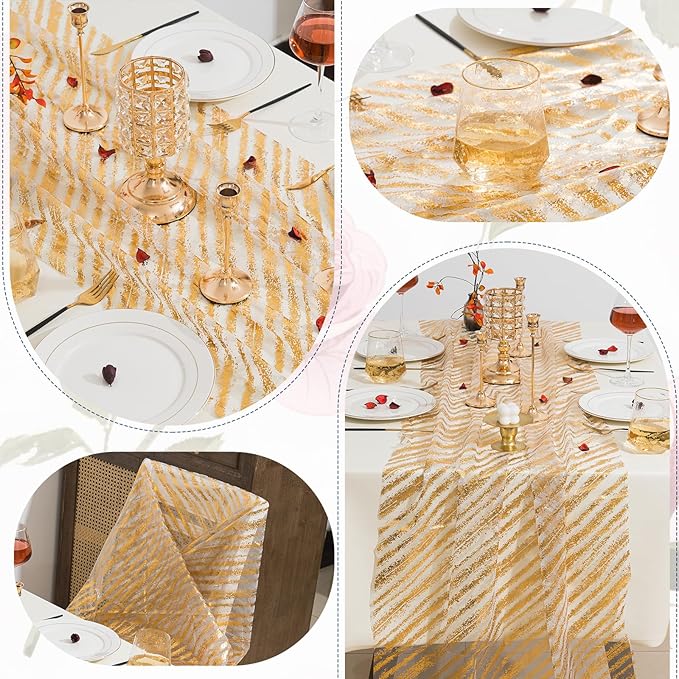 10 Pcs Gold Table Runners, 28In x 10 Ft Sheer Chiffon Tulle Cheesecloth with Glitter Metallic Foil, Golden Sequin Gauze Runner for Wedding, Birthday, Baby Shower, Anniversary Party Decor, Striped