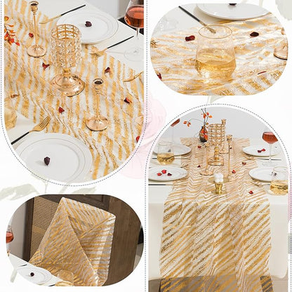 10 Pcs Gold Table Runners, 28In x 10 Ft Sheer Chiffon Tulle Cheesecloth with Glitter Metallic Foil, Golden Sequin Gauze Runner for Wedding, Birthday, Baby Shower, Anniversary Party Decor, Striped