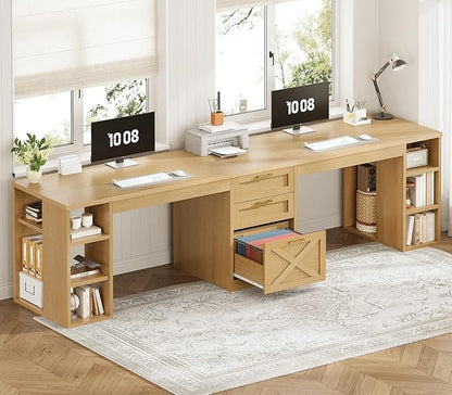 SEDETA Farmhouse 96.5" Computer Desk with Drawers, 2 Person Home Office Desk, Gaming Double Desk with Storage Shelves, Long Two Person Writing Desk, Oak