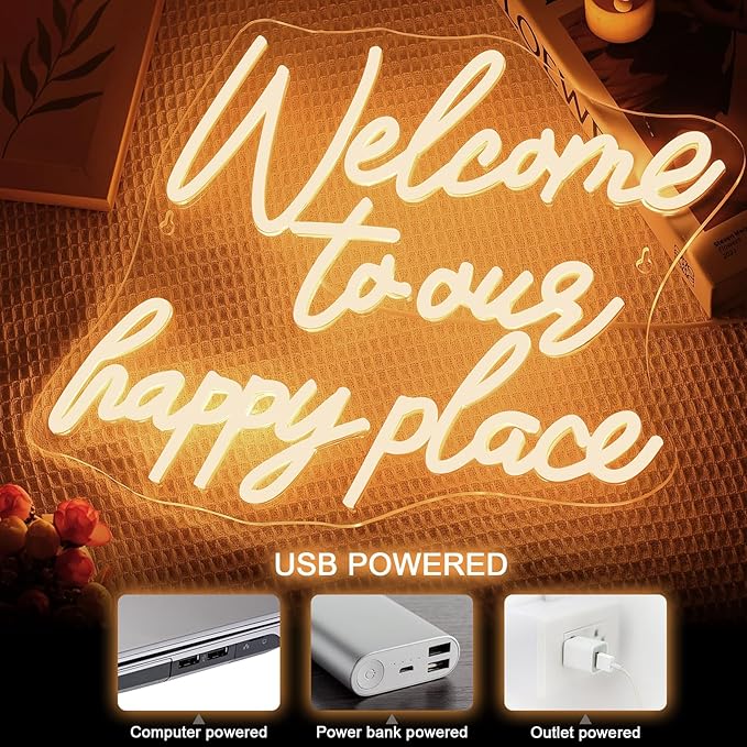 NOSUN WELCOME TO OUR HAPPY PLACE Neon Sign Happy Place Neon Signs for Wall Decor Dimmable Warm White LED Signs for Bedroom Classroom Man Cave Home Bar Birthday Party Game Zone Decor Neon Classroom Sign