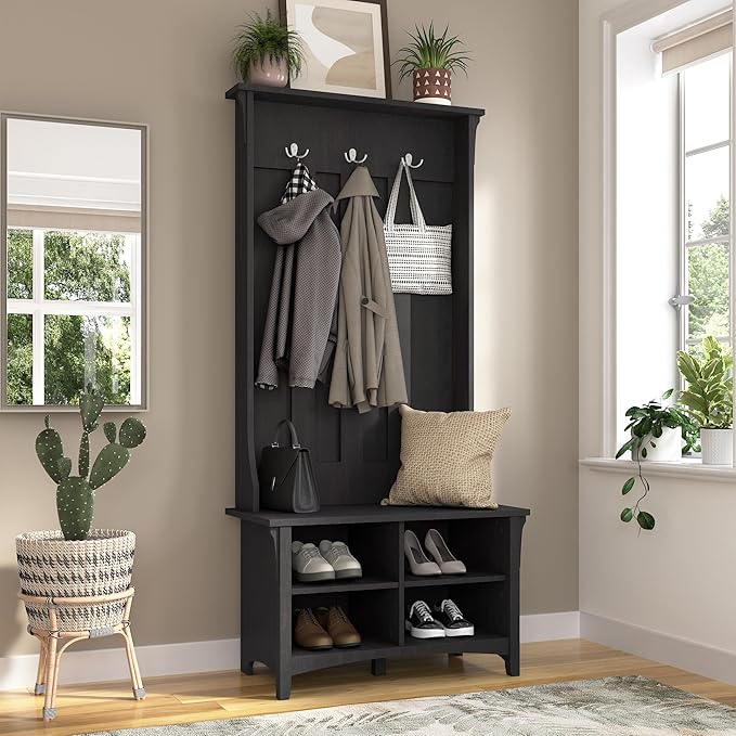 Bush Home Salinas Hall Tree with Shoe Storage Bench in Vintage Black, Multi-Purpose Home Organizer, Entryway Solution with Seating and Hooks
