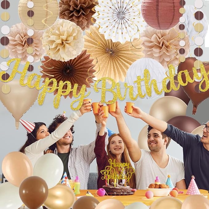 Boho Brown White Birthday Decorations - 62pcs Happy Birthday Banner, Neutral Rustic Paper Lanterns Honeycomb, Hanging Streamers, Tissue Pom Poms Flower Fan, Birthday Decorations for Women Girl Boys