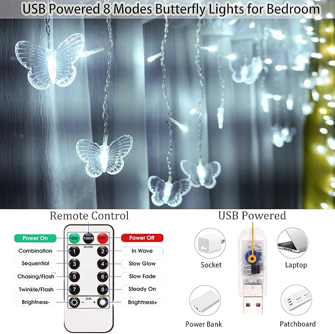 Butterfly Curtain Fairy Lights USB Plug in,120 LED 8 Modes 20FT Firefly Twinkle Icicle String Lights with Remote Timer Waterproof Copper Wire for Bedroom Patio Christmas Wedding Party Dorm(Cool White)