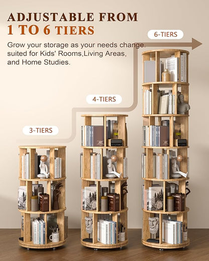 4-Tier Solid Wood Rotating Bookshelf on Wheels, 360° Spinning Book Shelf Tower, Round Revolving Bookcase Organizer, Rolling Bookshelves for Small Spaces, Corner, Bedroom, Kids Room, Office, Natural