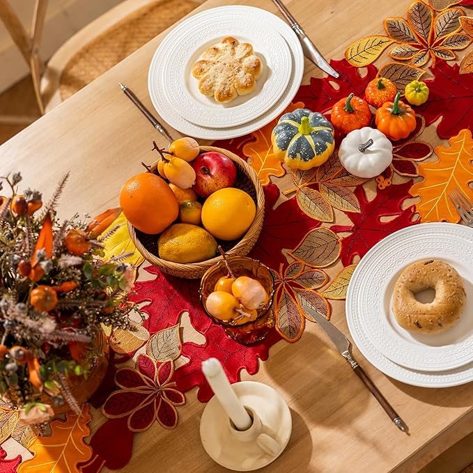 Joyfol Day Fall Leaves Table Runner 14 x 69 inch, Thanksgiving Harvest Rust Maple Leaves Table Runners, Embroidered Autumn Dresser Scarf for Harvest Party Dinner Seasonal Decoration