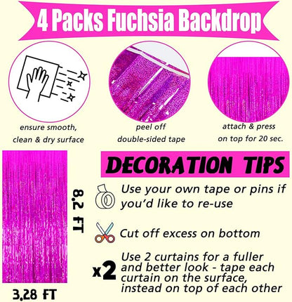 4 Pack 3.2Ft x 8.2Ft Fuchsia Fringe Curtain Backdrop, Sparkle Metallic Tinsel Foil Fringe Streamers Background for Photo Booth Birthday Wedding Baby Shower Halloween Christmas Party Decorations